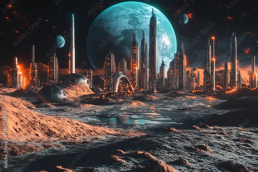 Poster high-tech alien city at night with glowing structures and planets illuminating the sky : generative 