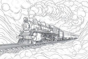 Intricate coloring page features a vintage steam locomotive pulling passenger cars, emitting clouds of smoke as it travels along the railway