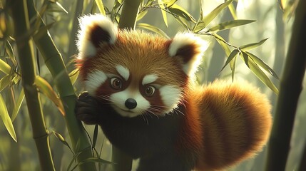 Naklejka premium A cute red panda among bamboo in a serene setting.