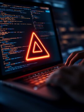 Coding on laptop with warning symbol displayed.