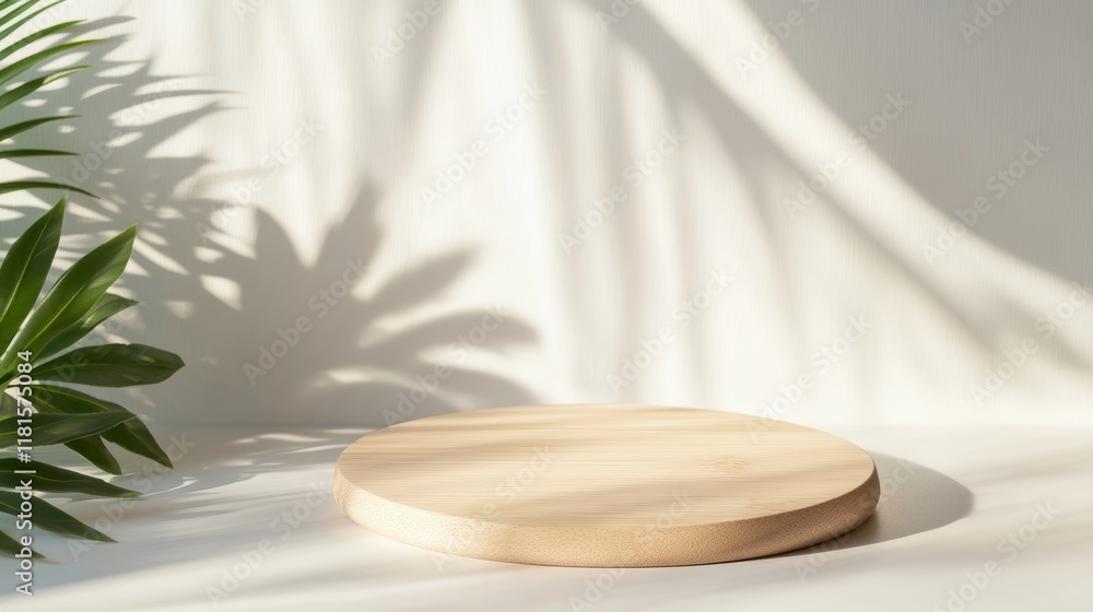 Poster Sunlight is streaming through window creating shadows of tropical leaves on white wall in minimalist kitchen with empty round wooden podium for displaying products