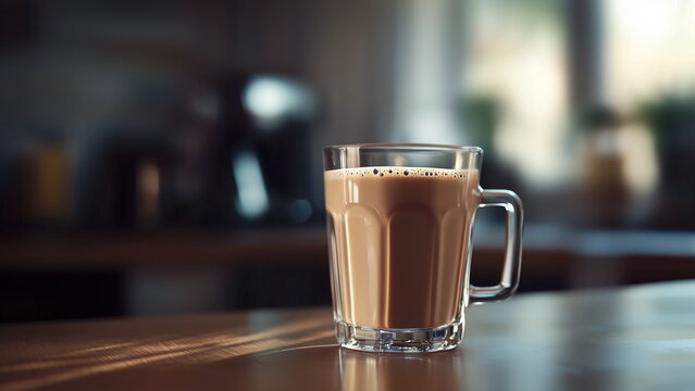 A glass of milo malt chocolate drink on the wooden table at home, hot beverage for breakfast to start the energetic day