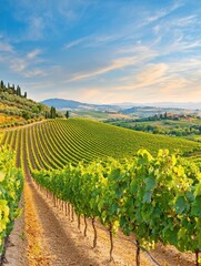 Naklejka premium Soft travel concept. Vast vineyard landscape under a colorful sky at sunset, showcasing lush grapes and rolling hills.