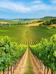 Fototapeta premium Soft travel concept. Lush green vineyards stretching towards rolling hills under a blue sky.