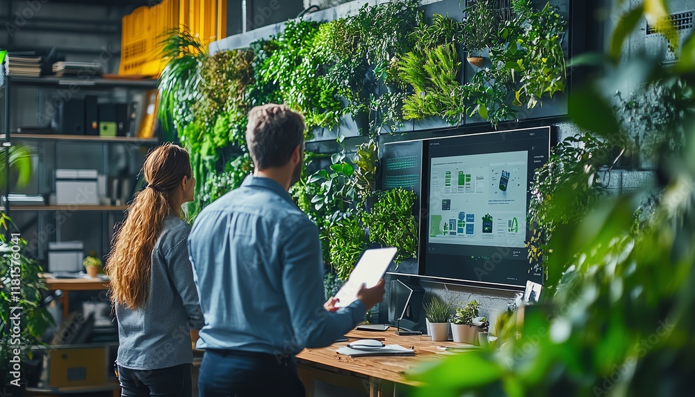 Aufkleber Business team discussing sustainable practices and recycling strategies in a cuttingedge office environment, with digital displays and green elements