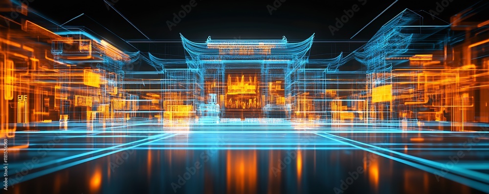 Poster vibrant futuristic wireframe city with dynamic orange and blue light architecture : generative ai