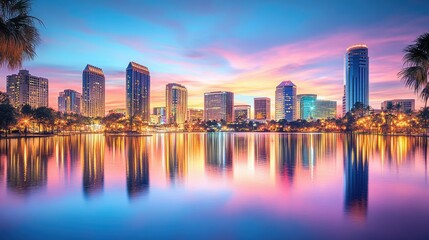 Obraz premium A panoramic view of a vibrant city at dusk, the skyline glowing and reflecting in a tranquil lake