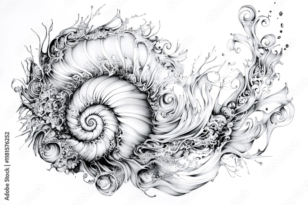 Poster intricate line art of a large seashell with swirling, flowing, organic lines and patterns, creating 