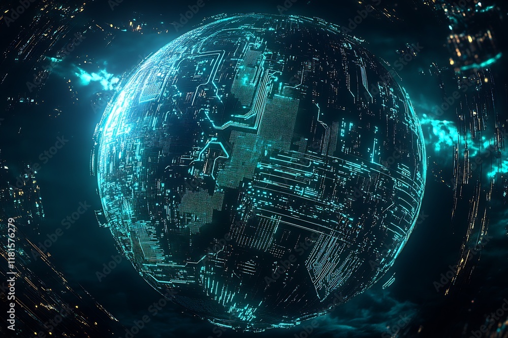 Poster Futuristic Digital Globe with Neon Circuitry and Cosmic Background : Generative AI
