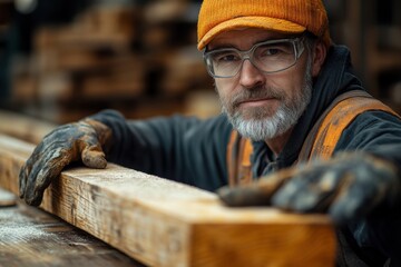 Skilled carpenter working with wooden beams in a rustic workshop during daylight hours, showcasing craftsmanship and dedication to the art of woodworking