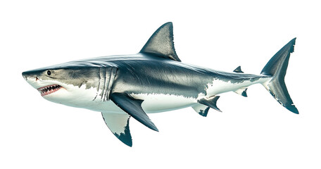 Realistic great white shark with detailed texture, sharp teeth, underwater predator, dangerous ocean fish, marine wildlife illustration, aquatic creature isolated on transparent background