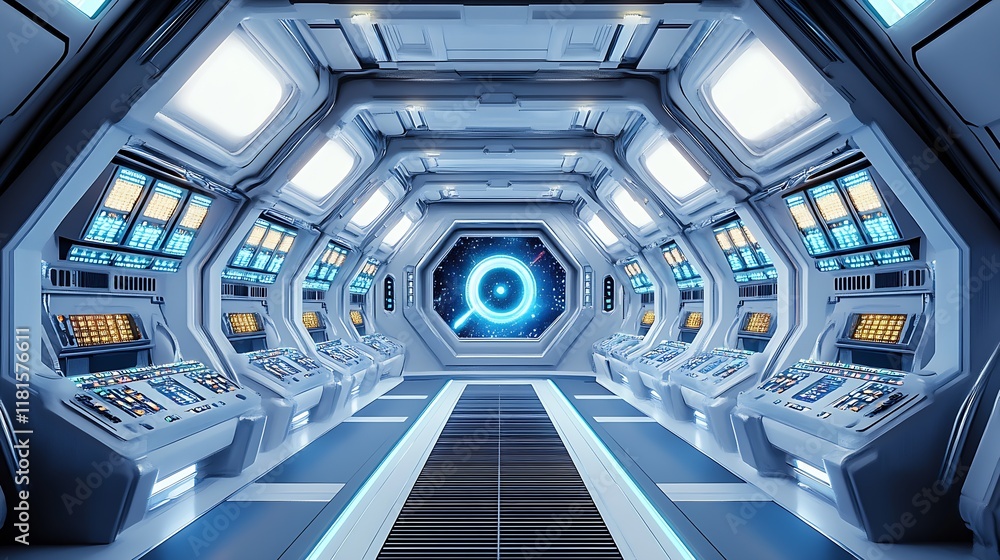 Poster futuristic spaceship interior with advanced technology control panels and blue lighting : generative