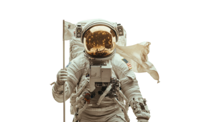 Explorer in a spacesuit holds a flag while standing on an alien landscape under a distant sun. Isolated on transparent background, png.