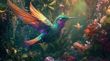 Obraz premium A vibrant hummingbird hovering near pink flowers over water. Nature, wildlife, delicate wings, and colorful beauty. Generated by AI.