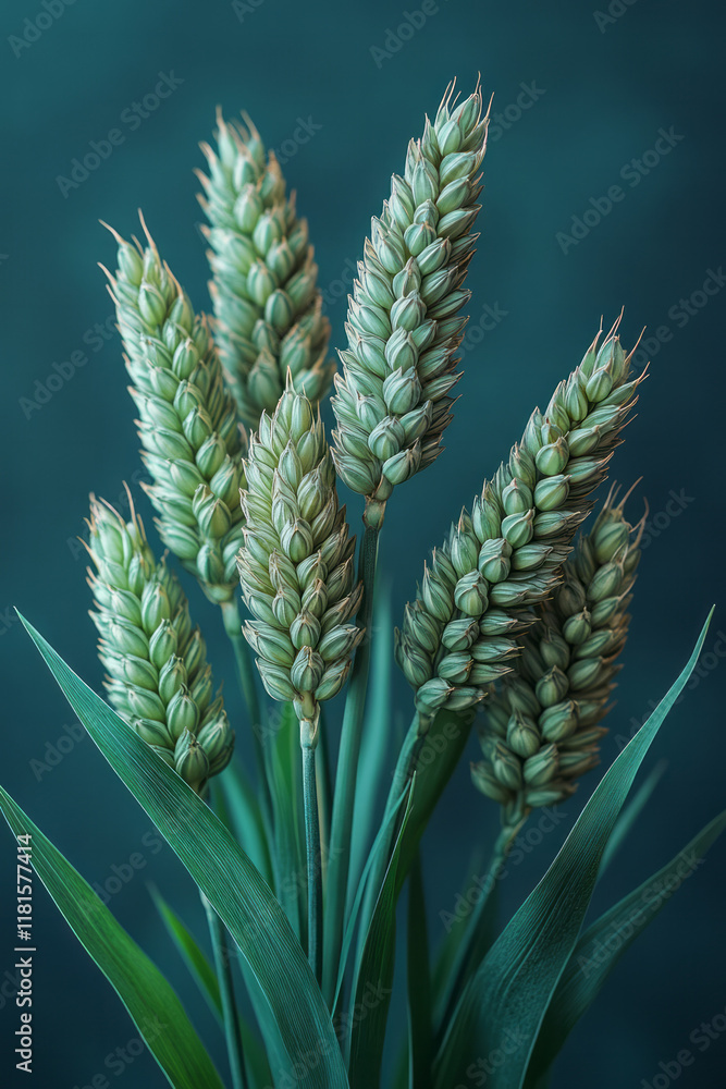 Poster an artistic depiction of lush green wheat stems with intricate textures and fine details, isolated o