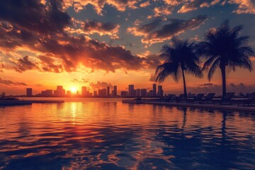 Vibrant sunset cityscape reflected in tranquil pool