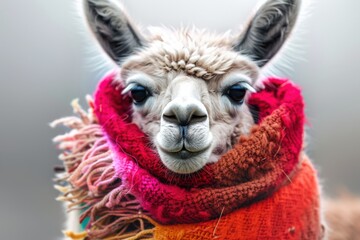 Fototapeta premium Llama with colorful scarf in a misty outdoor setting during a chilly morning