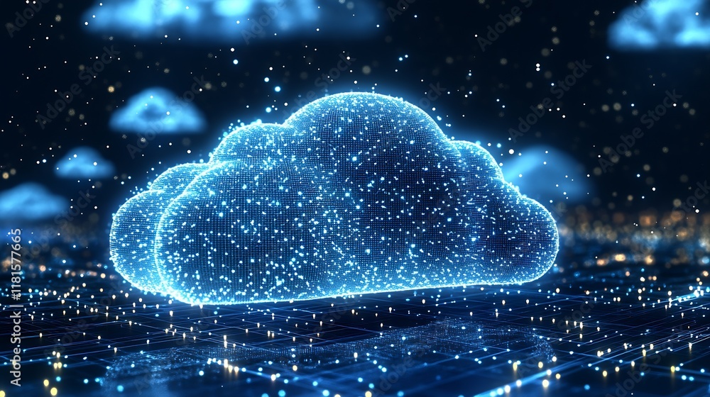 Aufkleber Cloud Computing Visualization with Bright Digital Sparkles Symbolizing Data Connectivity and Network : Generative AI
