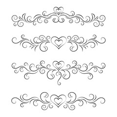 Vector set of ornamental dividers, design elements with hearts and swirls. Abstract cute hand drawn illustration for greeting card, invitation, valentine, wedding.