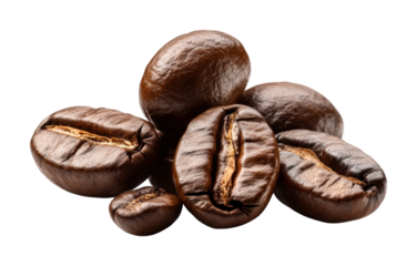 Close-up of roasted coffee beans with detailed texture, rich brown grains perfect for brewing aromatic beverages, natural caffeine ingredient isolated on transparent background