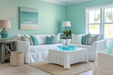 A modern beach house living room with light turquoise walls, white slipcovered furniture, and sea glass decor.