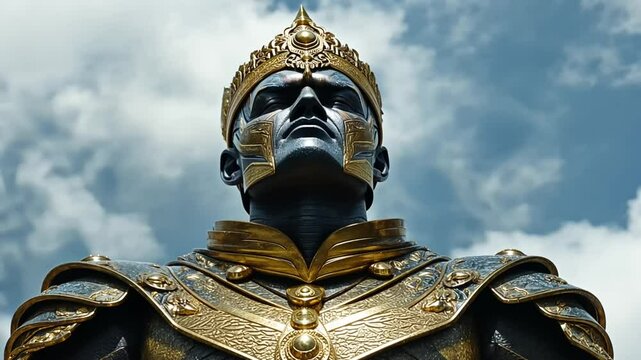 A futuristic golden armored king looking boldly into the horizon with determination and strength.