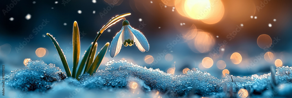 Poster a close-up of a snowdrop bending gracefully under its own weight, surrounded by sparkling frost, pla