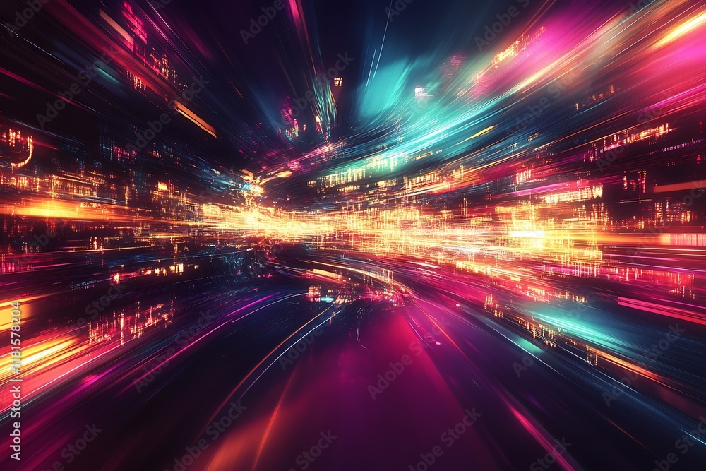 Poster Dynamic Flow of Colorful Light Streams in a Fast-Paced Digital Urban Environment : Generative AI