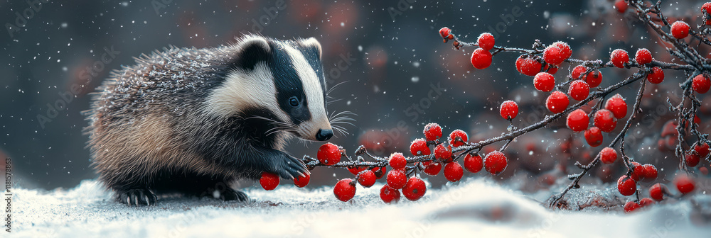 Aufkleber an artistic depiction of a badger in a frosty setting, interacting with a branch of red berries, pla