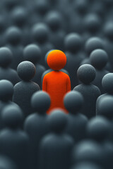 Obraz premium A minimalist depiction of a bold orange character breaking away from a group of uniform grey figures, isolated on a solid neutral grey background,,
