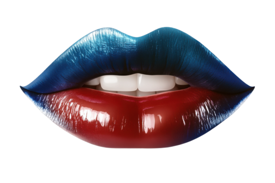 Glossy lips with gradient red and blue tones, bold beauty detail, shiny artistic makeup close-up, sensual cosmetic aesthetic design isolated on transparent background