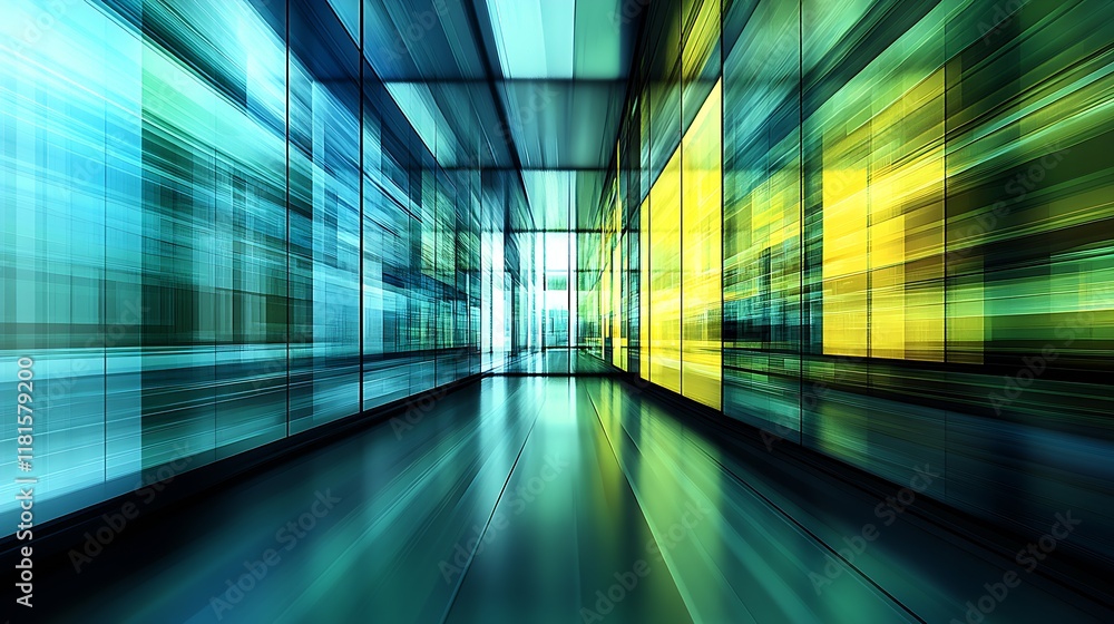 Aufkleber Dynamic Abstract Corridor with Bright Blue and Yellow Colors in Modern Architecture : Generative AI