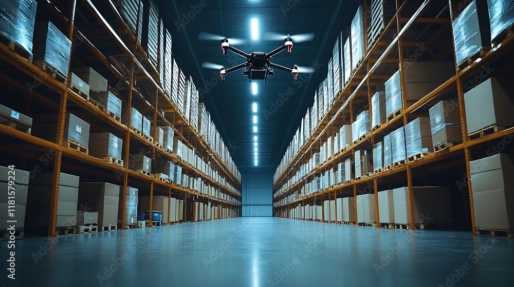 Aufkleber autonomous drone in warehouse aisle with illuminated pallet storage systems : generative ai