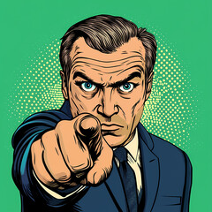Pop art illustration of a confident man pointing directly at the viewer, featuring a vibrant green halftone background, perfect for motivational, promotional, or retro-themed designs