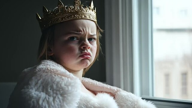 A spoiled royal child wearing a golden crown looking disdainfully out of a window.