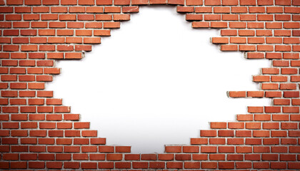 Brick wall with a punched hole on a white background.
