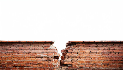 Brick wall with a crack in the middle on a white background.
