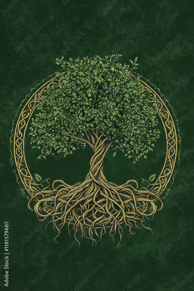 Poster an ornate representation of a tree with flowing roots and lush green leaves, arranged in a circular 