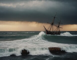 Obraz premium seascape old sailing ship in stormy waves, realistic illustration