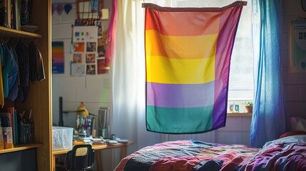 Cozy room with a rainbow flag hanging on the window, walls decorated with posters, a desk, and a bed. Warm light from a lamp, LGBTQ+ support theme, and a welcoming atmosphere. Generative by AI.