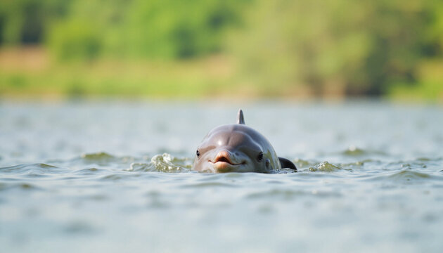 Indus river dolphin surfacing in calm waters, endangered species awareness