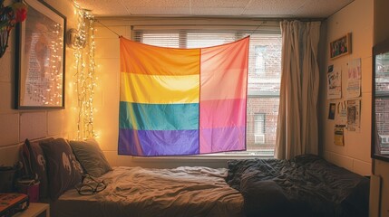 Cozy room with a rainbow flag hanging on the window, walls decorated with posters, a desk, and a bed. Warm light from a lamp, LGBTQ+ support theme, and a welcoming atmosphere. Generative by AI.