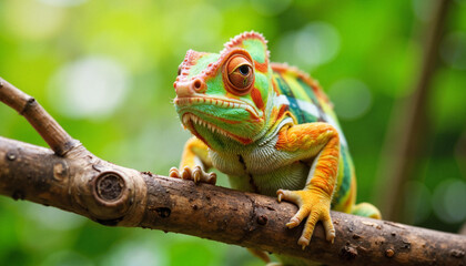 Colorful chameleon poised on branch in tropical rainforest, exotic wildlife