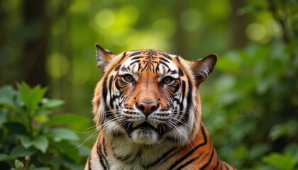 Fototapeta premium Majestic Bengal tiger gazing in lush jungle, wild beauty