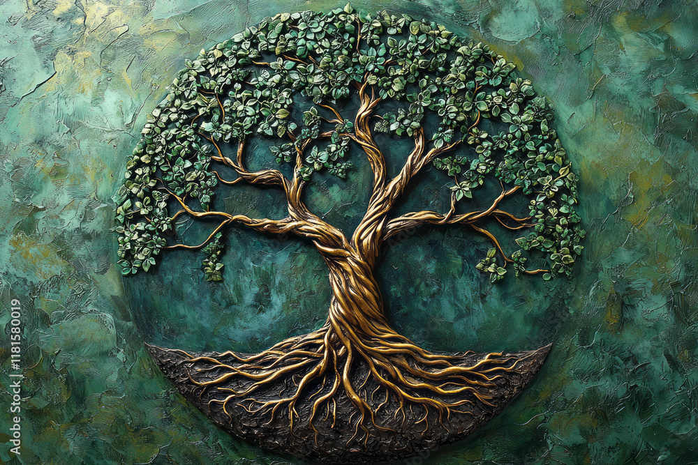 Poster a detailed artistic depiction of a tree of life with intertwined roots and branches forming a circul