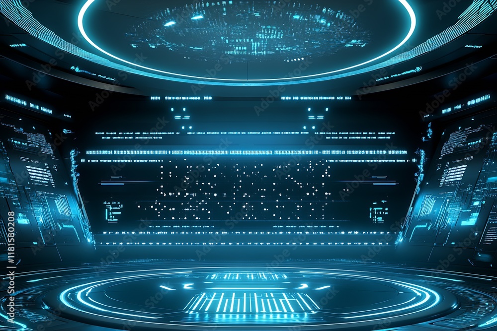 Aufkleber High-Tech Virtual Reality Interface Room Filled with Interactive Digital Elements : Generative AI