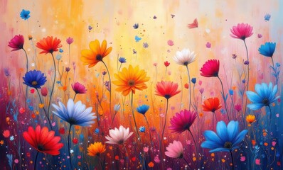 Vibrant flowers in a colorful garden scene.