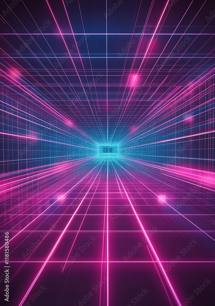 Poster futuristic neon grid tunnel digital art with vibrant cyberpunk aesthetic : generative ai