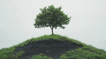 Fototapeta premium A single lush tree atop a grassy hill with exposed soil, set against a clean, open background