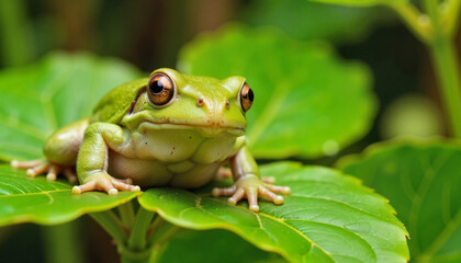 Fototapeta premium Pacific tree frog resting on green leaf in vibrant rainforest, nature's beauty